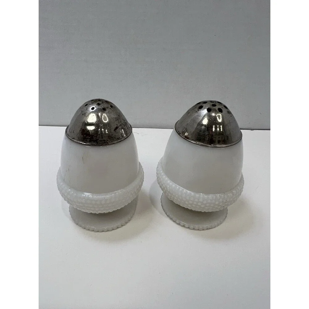 Antique Acorn Opal Glass Salt Pepper Shakers Lids 1880s Rare EAPG Pedestal Foot
